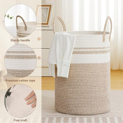 72L Large Tall Cotton Rope Laundry Basket with Handles, White & Brown - color: Brown & White, size: 72L