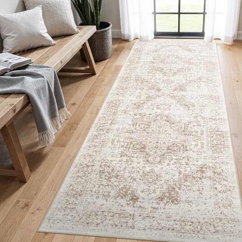 4x8 Washable Hallway Runner Rug: Vintage Wide Low Pile Rugs IvoryBeige - color: Ivory/Beige, size: 4x8