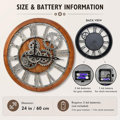 The B-Style Large Wall Clock, 24 inch, Brown and Bronze - color: Brwon With Bronze Gears, size: 24 inch (60 cm)