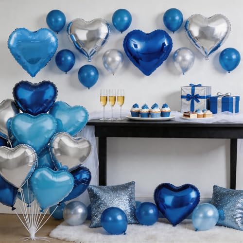 Blue Silver Heart Foil Balloons,12Pcs 18Inch Heart Shaped Balloons - color: Dark Blue Silver