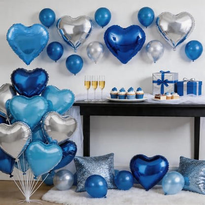 Blue Silver Heart Foil Balloons,12Pcs 18Inch Heart Shaped Balloons - color: Dark Blue Silver