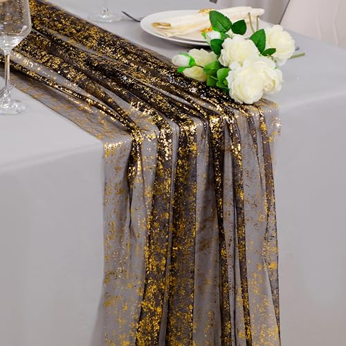 Snowkingdom Black and Gold Cheesecloth Table Runner 10 FT, Sheer Chiffon Sparkle Gauze Mesh Runners 120 Inch, Glitter Table Centerpieces Decoration for Birthday Party Wedding Christmas Halloween - color: Black Gold, size: 10FT/1Pc