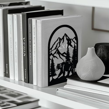 Peacoblue 5.3"x4.3"x7.9" Metal Bookends, Heavy Duty Book Ends for Shelves - style: Mountain and Forest with Bear