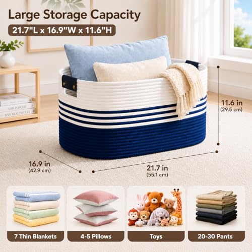 Laundry Hamper with Handles, 72L Rope Laundry Basket, Dark Blue & White - color: Dark Blue & White, size: 72L