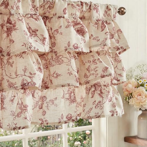 jinchan Amlie Ruffled Floral Valance Curtain 1 Panel 18 Inch Maroon - color: Amlie Maroon on Linen