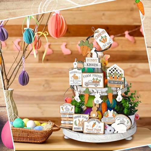 Amyhill 24 Pcs Easter Tiered Tray Decor Bunny Carrot Farmhouse Easter Decorations Spring Tiered Tray Decor Wooden Signs Mini Table Decorations for Home Kitchen Coffee Bar Shelf - style: Fresh Easter