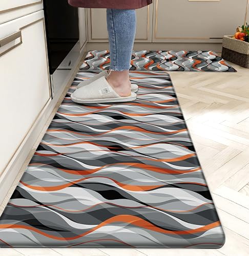 Kitchen Mats for Floor Modern Abstract kitchen rugs Grey and Orange Stripe Anti Fatigue Kitchen Mats Waterproof Floor Mats Cushioned Non-Skid Standing Mats for Kitchen, Set of 2,17.3 x 28+17.3 x 47 - color: Grey and Orange