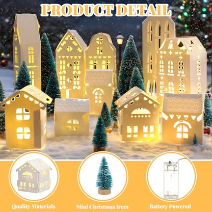 Chunful 20 Pack Christmas Village Houses Set with Light Paper Buildings