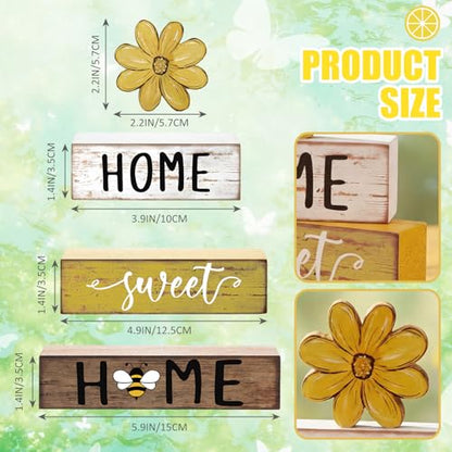 Cinnvoice 4 Pcs Yellow Bee Daisy Wooden Block Decor Farmhouse Tiered Tray - style: Bee Daisy