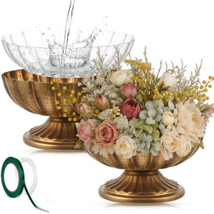 2 Pcs Metal Compote Vase, Floral Centerpiece Bowls, Gold Bronze - color: Gold Bronze