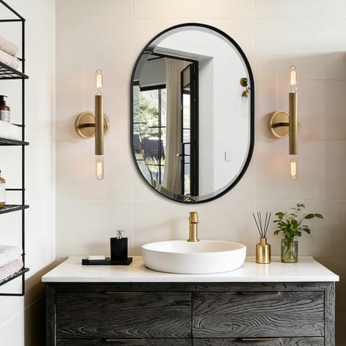 POZINO Oval Beveled Mirror, 22"x30" Bathroom Vanity Mirror Over Sink, Pill Shaped Capsule Wall Mounted Mirrors, Modern Oblong Mirrors for Living Room Bedroom Entryway, Hangs Vertically or Horizontally - color: Black Oval, size: 30"L x 22"W