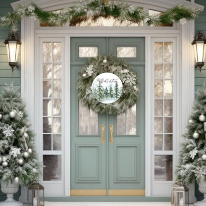 Whaline Christmas Hello Winter Wooden Hanging Sign Christmas Pine Trees Welcome Door Sign Xmas Winter Holiday Farmhouse Rustic Wreath Sign for Indoor Outdoor Home Wall Window Decor - style: Winter
