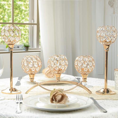 Crystal Tealight Candle Holder Centerpiece Home Decorative Candlestick Holder Elegant Table Centerpiece Home Decor Wedding Party Anniversary (Gold, Set of 3) - color: Gold, size: 3 Pieces