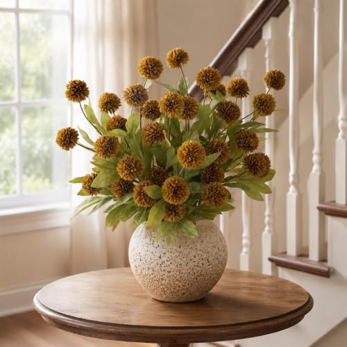 6 Pcs 27"Artificial Fall Pompon Mum Flower Stems for Vase (Autumn Orange) - color: Autumn Orange