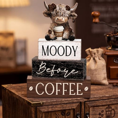 Yousoontic 4 Pcs Coffee Highland Cow Figurine, Rustic Farmhouse Decor - style: Coffee