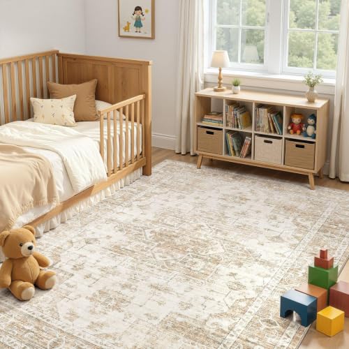 Washable Area Rugs 5x7: Soft Vintage Beige Rugs for Living Room - color: Beige, size: 5' x 7' (Rectangular)