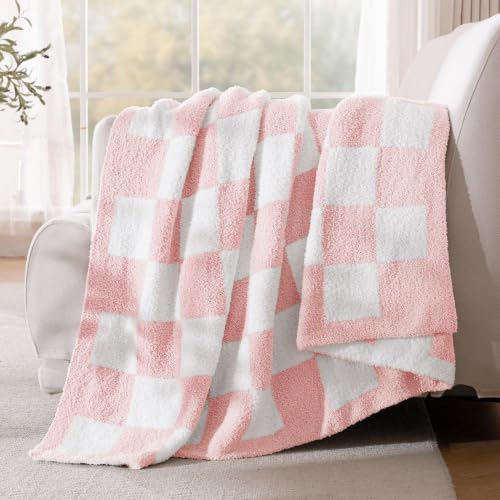 Exclusivo Mezcla Checkered Knit Blanket Twin Size for Bed, Pink - color: Pink, size: Twin (60"x80")