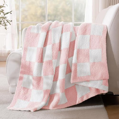 Exclusivo Mezcla Checkered Knit Throw Blanket for Couch, Pink - color: Pink, size: Throw (50"x60")