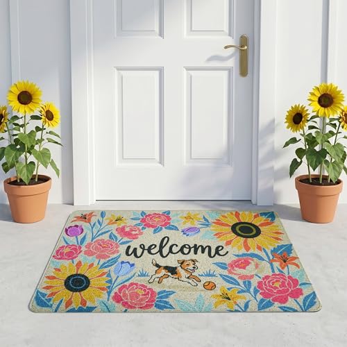 Sunflower Welcome Door Mat 24x36 Inch - color: Sunflower Dog