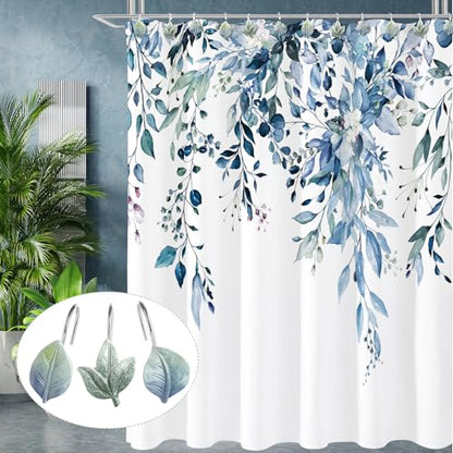 Blue Plant Leaf Shower Curtain Hooks,Eucalyptus Bathroom Decor,12PCS - color: Blue