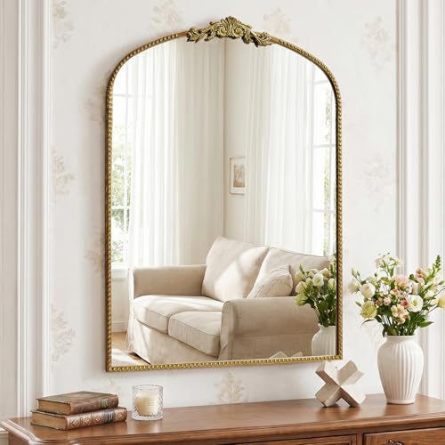 30"x40" Gold Vintage Mirror, Arched Wall Mirror with Beaded Frame - size: 40"L x 30"W