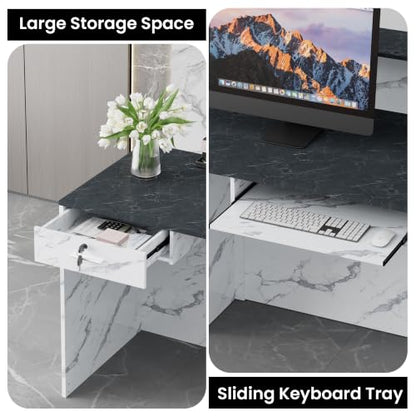 62.9"Reception Desk with Vertical Slat Panels for Office, Salon & Lobby - color: White Marble/Blue-gray Marble, size: 62.9''L x 23.6''W x 39.3''H