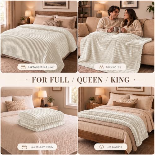HIMEET Beige King Size Blanket for Bed, 300GSM Ribbed Fleece, 108 x 90 in - color: Beige, size: King (108" x 90")