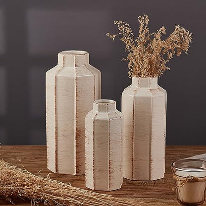Ceramic Rustic Farmhouse Vase Set of 3,Ice Cracked Glazed Terracotta Vase - color: 18096lms-ec-beige