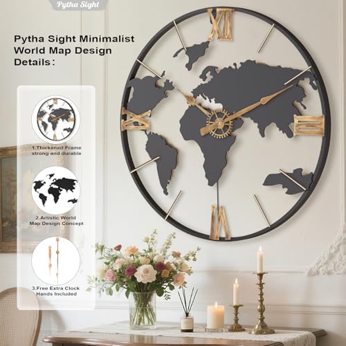 Pytha Sight 30 Inch Large Extra Giant Oversized Roman World Map Wall Clock - color: Black Roman, size: 30 inch