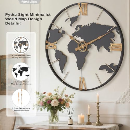 Pytha Sight 30 Inch Large Extra Giant Oversized Roman World Map Wall Clock - color: Black Roman, size: 30 inch