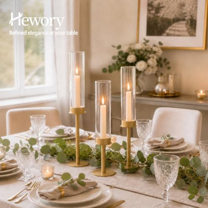 Hewory Gold Candlestick Holders: 3PCS Glass Hurricane with Brass Base - color: Matte Gold, size: 3pcs