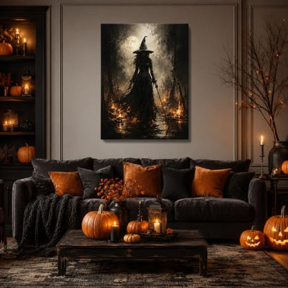 Halloween Canvas Wall Art, Dark Witch in Moonlit Forest Halloween Pictures - color: Halloween17, size: 8"L x 10"W