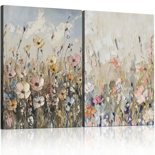 Framed Plants Wildflowers Canvas Wall Art Vintage Floral Painting Poster Pictures Gallery-Quality Prints Living Room Bedroom and Other Home Decor 24x16 inches x 2 Ready to Hang - color: Retro oil painting style flowers, size: 24X16 inch