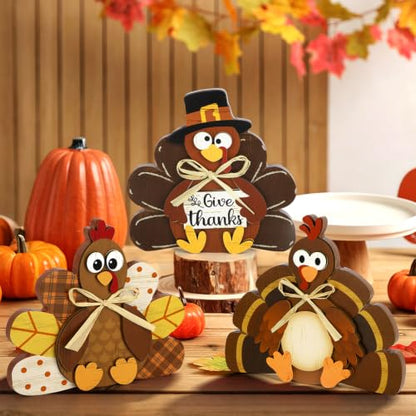 3 Pcs Thanksgiving Decorations for Home Wooden Turkey Table Centerpiece Rustic Wood Signs Block Harvest Tabletop Fall Decor Indoor Tiered Tray Office Desk Shelf Mantel Kitchen Autumn Party Supplies