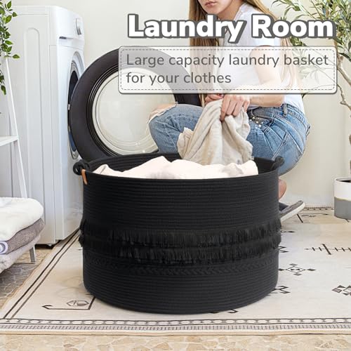 CherryNow 90L Large Woven Rope Blanket Basket with Tassel, 22" x 14", Black - color: Black, size: 83L (22"W x 14"H)