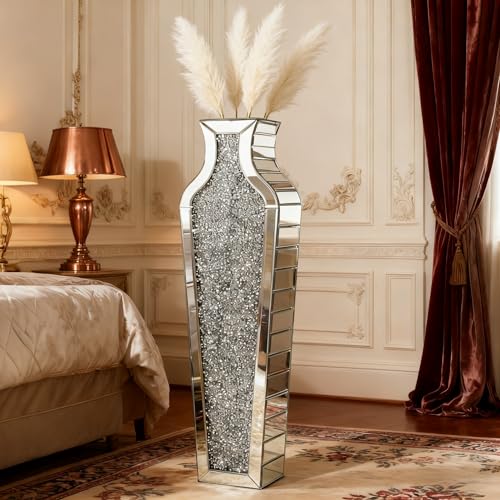 26.8" Silver Tall Crushed Diamond Mirrored Floor Vase with Pampas Grass - color: Silver, size: 26.8"H x 7.8"L x 4.7"W