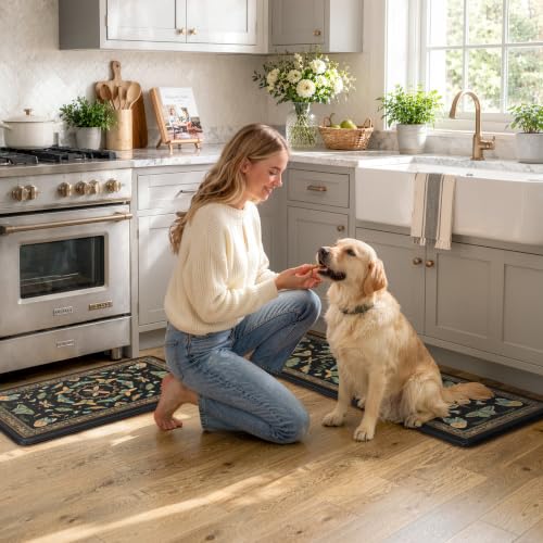 KIMODE Kitchen Mats for Floor 2 Piece Cushioned Anti Fatigue Kitchen Rugs - color: Midnight Black Botanical