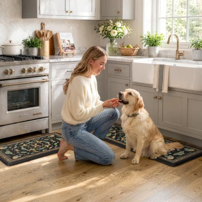 KIMODE Kitchen Mats for Floor 2 Piece Cushioned Anti Fatigue Kitchen Rugs - color: Midnight Black Botanical