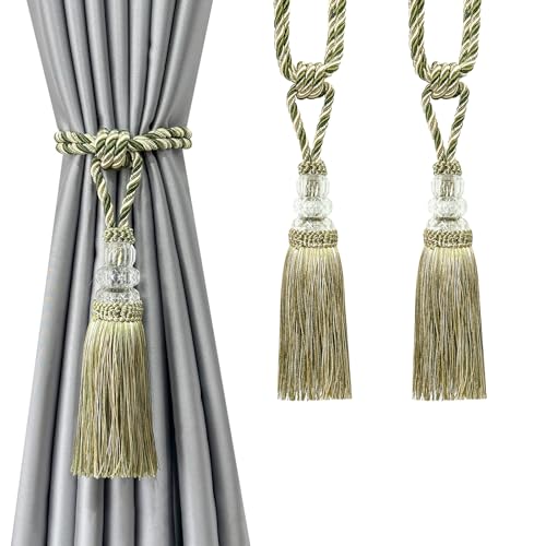 Tassel Curtain Tiebacks Handmade Curtain Tie Backs, Elegant Crystal Curtain Holdbacks for Home Office Decor (Mix Green, 2P) - color: Mix Green, size: 2P