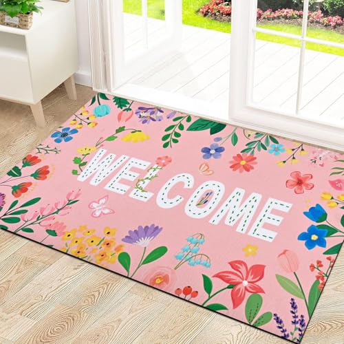 Likiyol Floral Door Mat Outside Entrance, Colorful Flower Welcome Mat Front Door Mats Non Slip Spring Doormat Outdoor Indoor Entrance, Low Profile, Absorbent, 18" x 30", Pink - color: Pink, size: 1'6" x 2'6" (Rectangular)