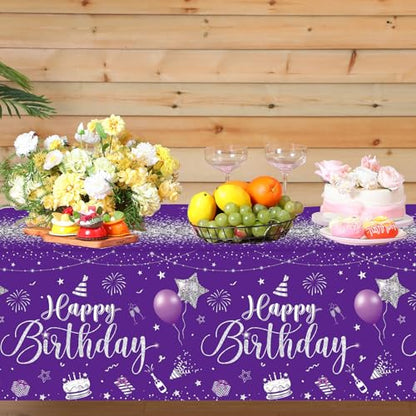 Tudomro 3 Pcs Plastic Happy Birthday Party Tablecloths,Purple Silver - color: Purple Silver