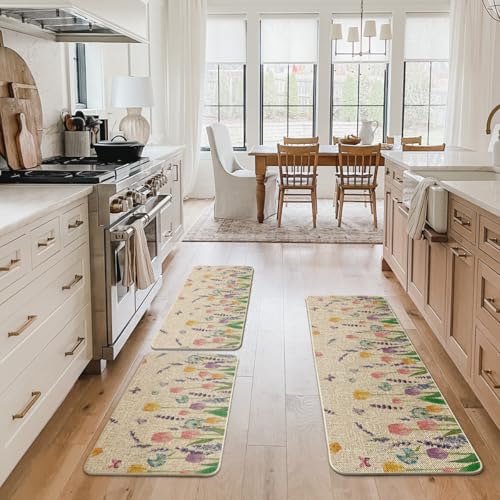 Artoid Mode Lavender Tulip Spring Kitchen Mats Set of 3, Seasonal Flower Summer Home Decor Low-Profile Kitchen Rugs for Floor - 17"x29"+17"x36"+17"x47" - size: 17"x29"/17"x36"/17"x47"