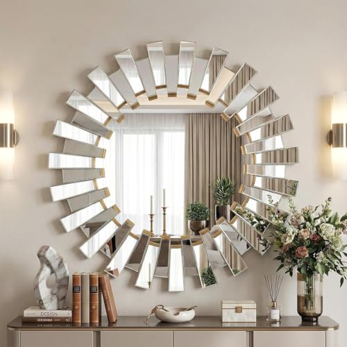 CozyDH Large Round Sunburst Wall Mirror - 26" Gold Beveled and Birrored Edge Elegant Modern Bohemian Sun Wall Decorative Mirror for Entrance Bedroom Living Room Hallway Bathroom Fireplace Dining Room - color: 26"x26"-gold