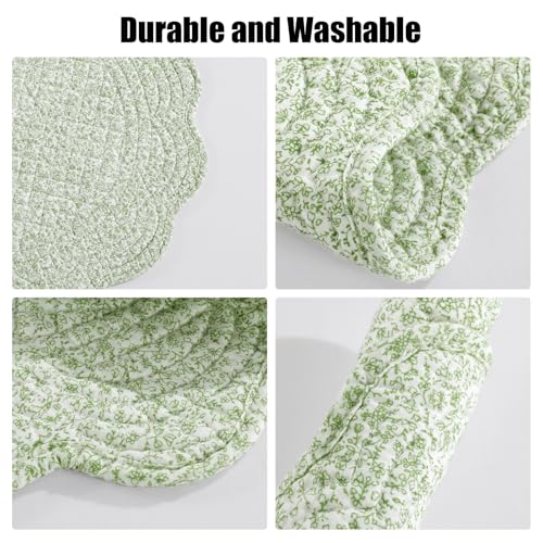 HOMBYS Quilted Placemats Set of 4 Washable Round Placemats for Kitchen Table-100% Cotton Fabric Round Table Mats, (White with Green Flower) - color: White With Green Flower