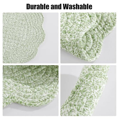 HOMBYS Quilted Placemats Set of 4 Washable Round Placemats for Kitchen Table-100% Cotton Fabric Round Table Mats, (White with Green Flower) - color: White With Green Flower