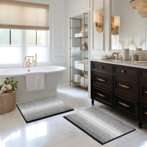 BSICPRO Bathroom Rugs Sets 2 Piece, Non Slip Striped Bath Mats, Black - color: Black, size: 20" x 32" Plus 16" x 24"