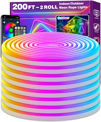 AILBTON 200FT Neon Rope Lights, RGB LED Strip Lights, Waterproof IP67 LED Lights for Bedroom, DIY Design, Music Sync, Remote Control, Multiple Modes for Bedroom - size: 200FT