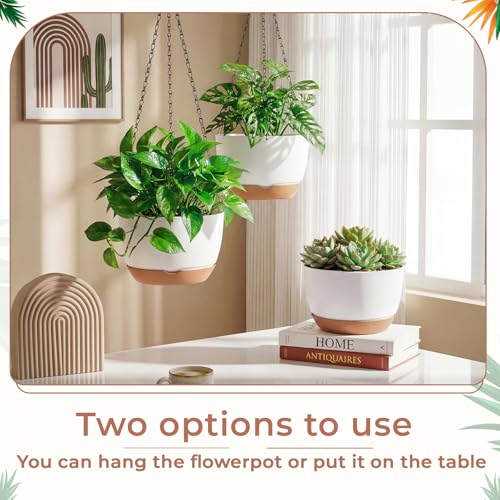 3 Pcs 8'' Hanging Planters for Plants Indoor Outdoor, Plastic Self Watering Pot with Drainage Holes Removable Tray, Hanging Baskets Flower Pot for Home Balcony Terrace Decoration (White)