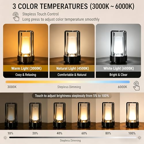Rechargeable Crystal Table Lamp, 3-Color Touch LED, Black - color: Black