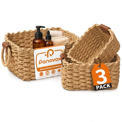 Small Wicker Baskets, 3 PCS Paper Rope Baskets for Shelves, Brown - color: Brown